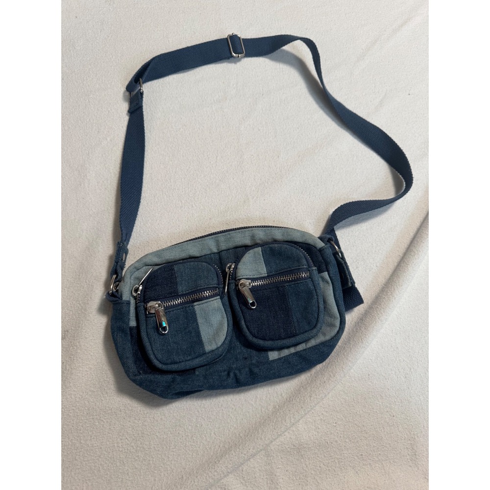 Patchwork Denim Crossbody Bag Blue Multi Pocket Adjustable Strap Y2K Style
